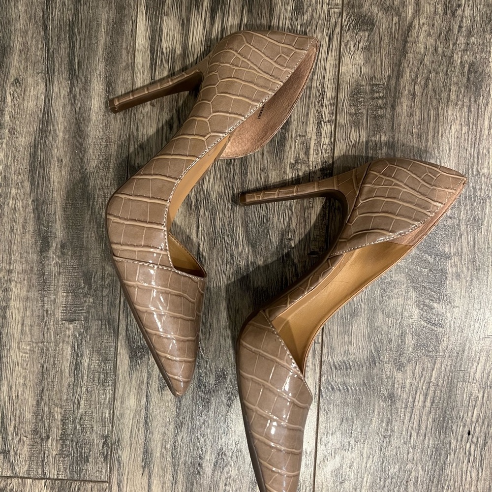 Croc-Embossed Pointed-Toe Pumps in Taupe